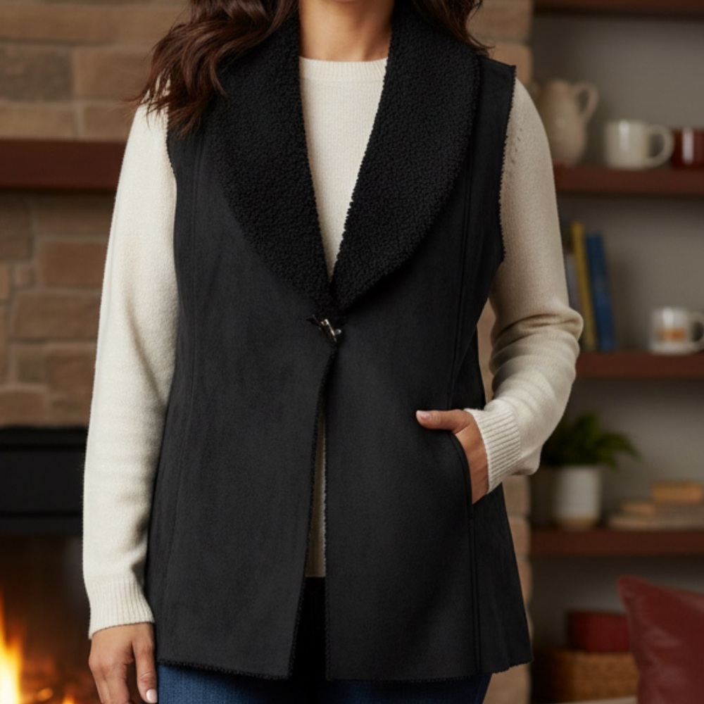 Denim & Co. Women's Black Faux Suede Vest Faux Fur Toggle Button L cozy staple